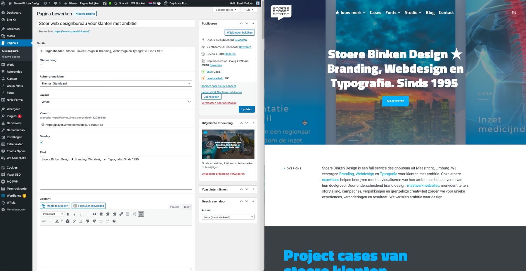 Schermafbeelding WordPress-dashboard naast Stoere Binken homepage