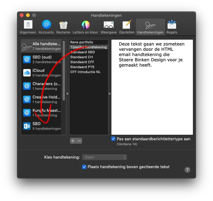 Stap 2 – Koppel de handtekening met je email account Apple Mail - Stoere Binken Design