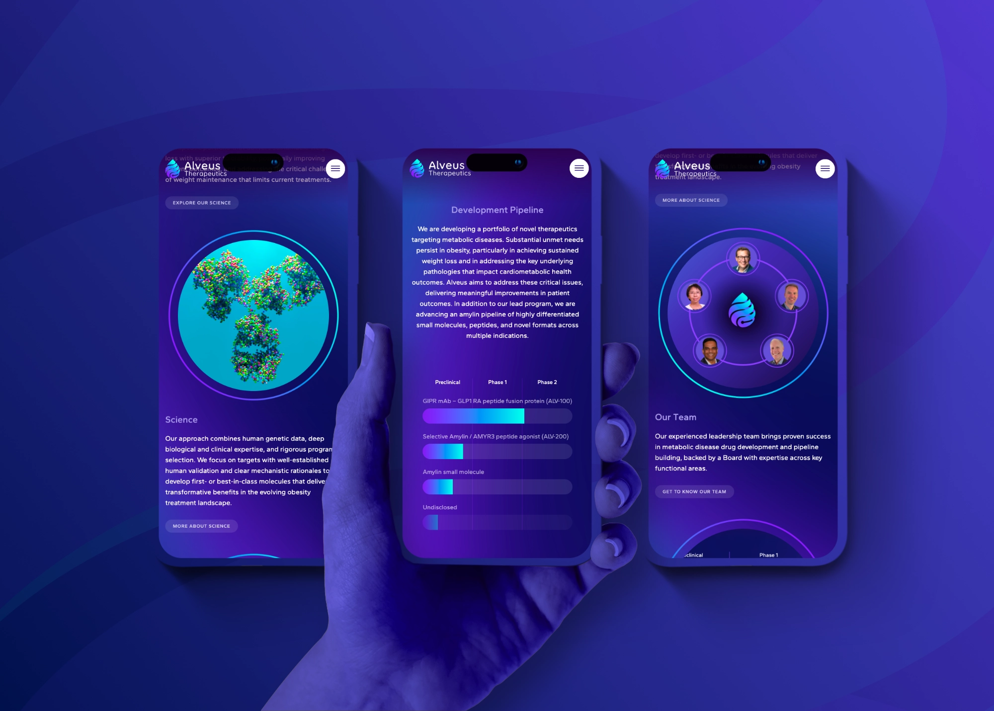 Alveus Therapeutics app screens on three iPhones