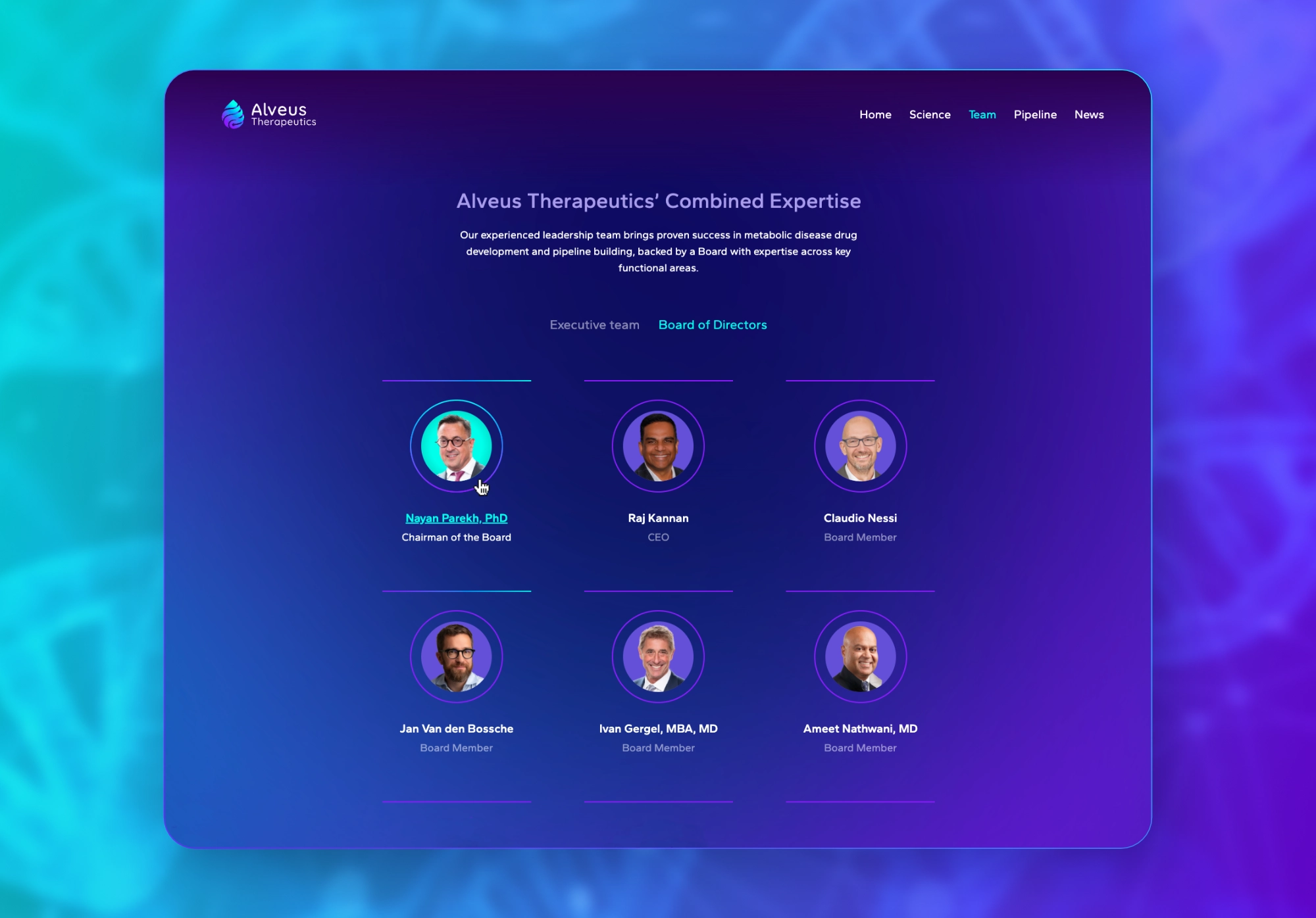 Team page of the Alveus Therapeutics website